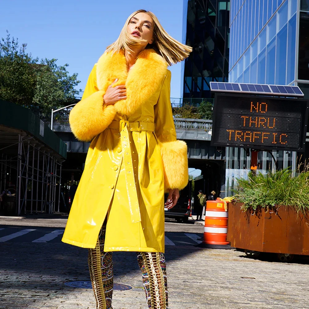 Denny&Dora Bright Yellow Plus Size Coat Women Real Fox Fur Collar Long Genuine Leather Coat Trench