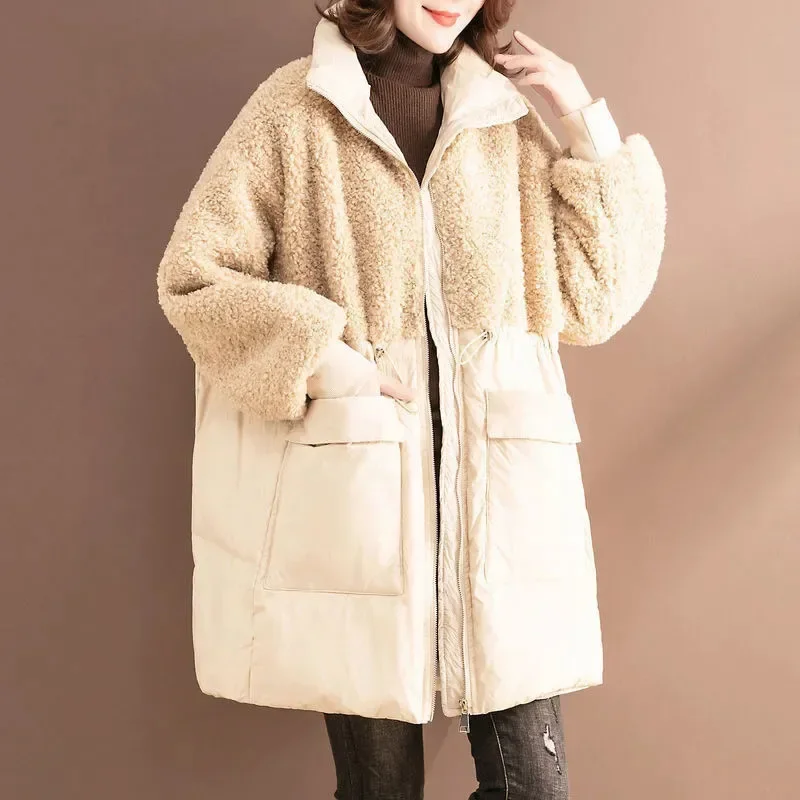 Women Long Cotton Padded Jacket Winter New Lambswool Jacket Loose Fashion Warm Down Cotton Jacket Casual Hooded Parka Overcoat