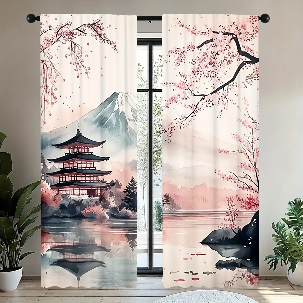 2PCS Japanese Sakura Fuji Curtains for Bedroom Living Room Office Home Decor Rod Pocket Design