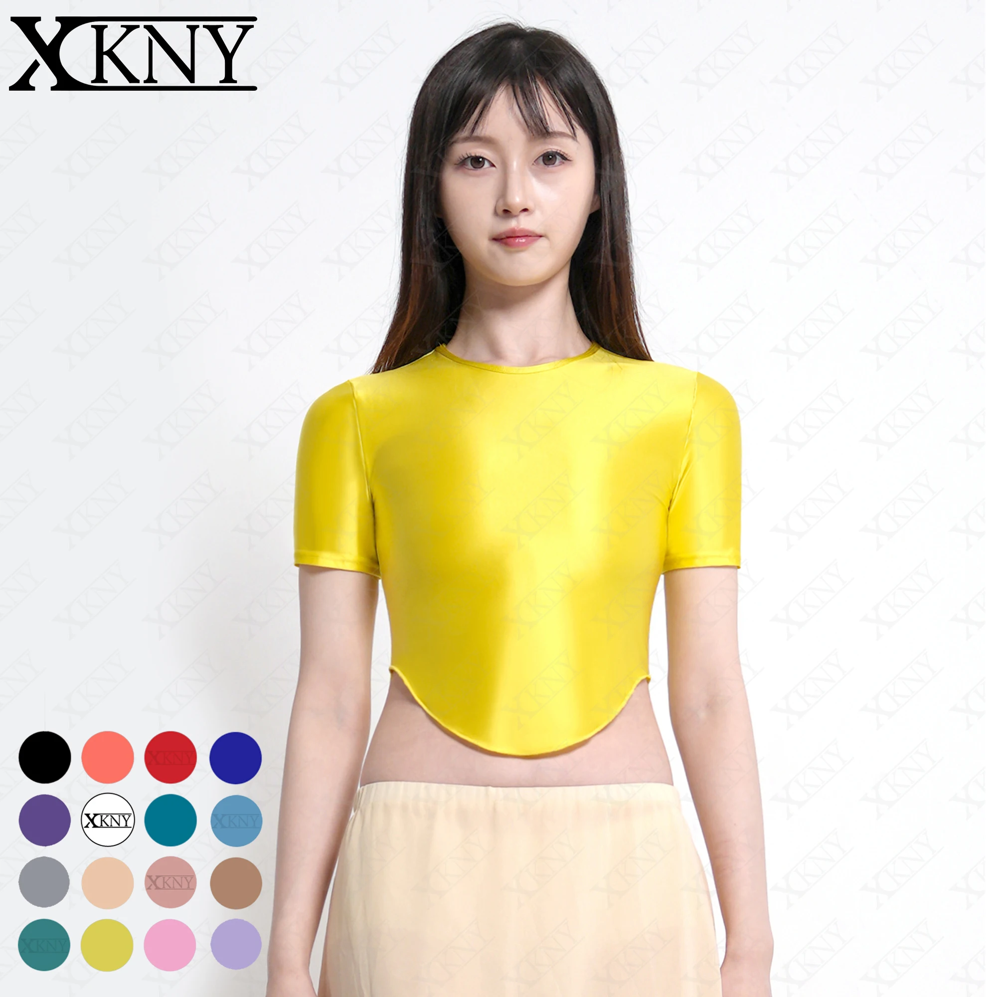 

XCKNY Satin glossy top oil shine bottoming shirt short sleevele Arc short sleeves sports Yoga swim Undershirt Leisure top