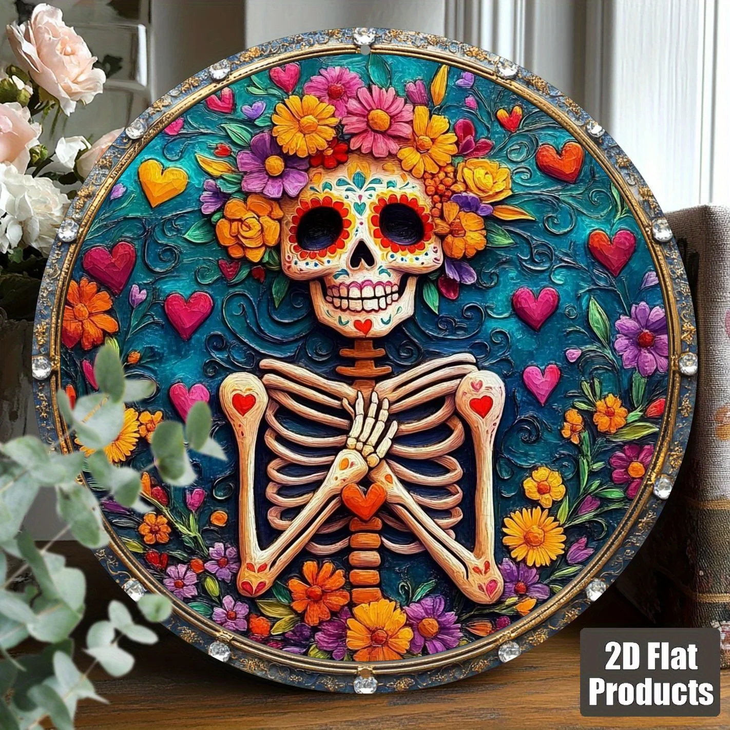 CIFbuy Vibrant Day of the Dead Sugar Skull Floral Aluminum Wall Art Waterproof Durable Home Kitchen Studio Indoor Outdoor Decor
