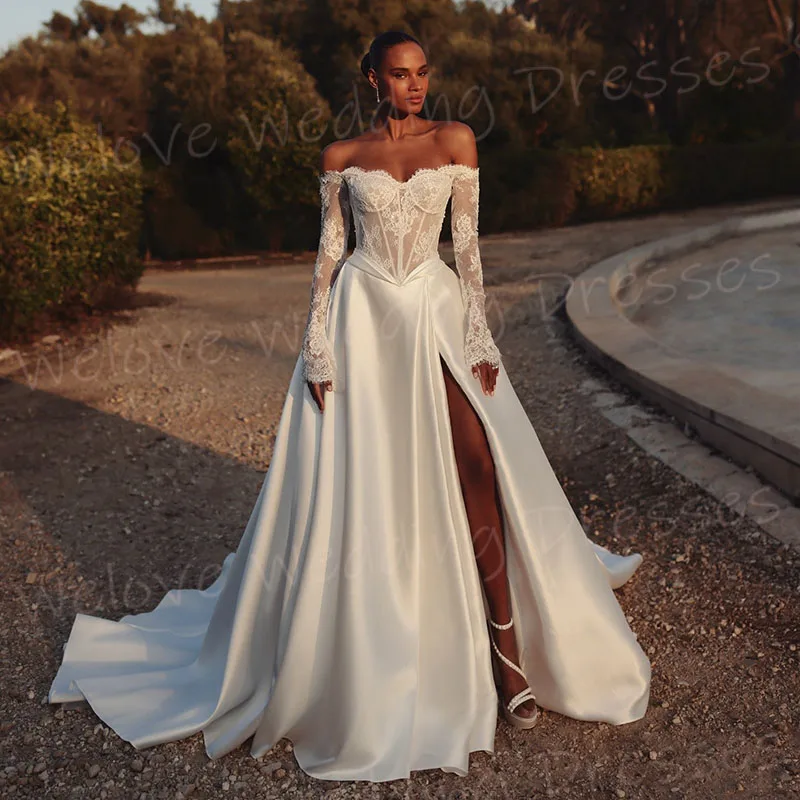 Anmutige A-Linie Brautkleider für Damen, schulterfrei, Vestidos De Novia, individuelle Brautkleider, Spitzenapplikationen, Schlitz, Hochzeitskleid