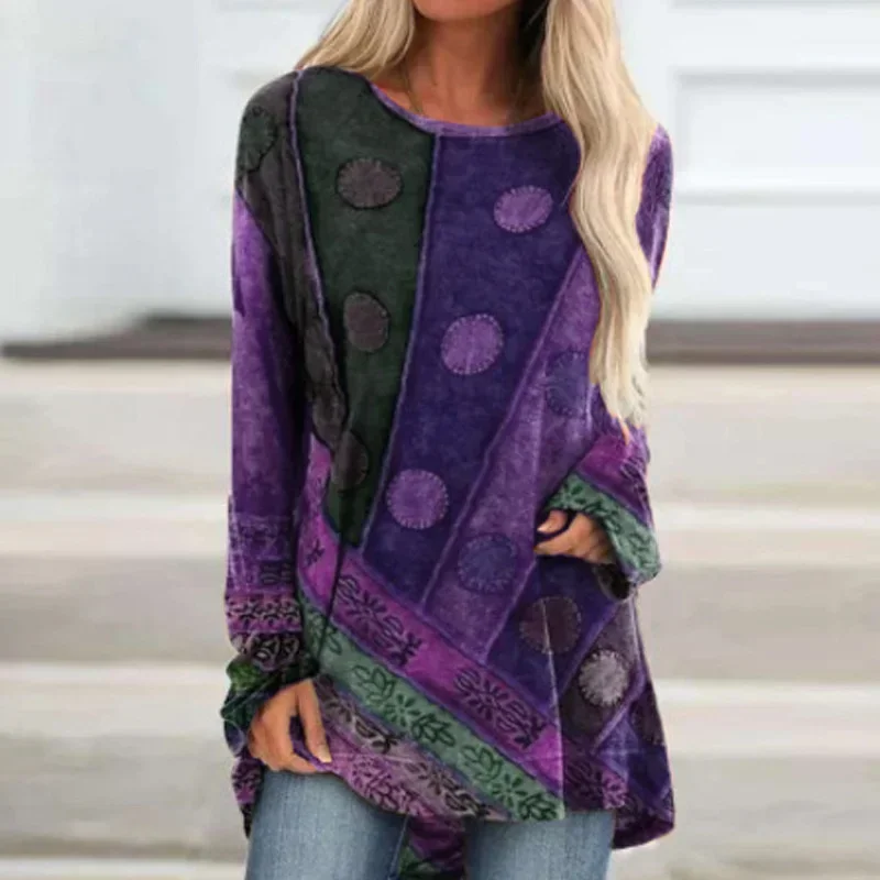 Vintage Circle Print New T-Shirt Women Ethnic Style Comfortable Casual Loose Tops Autumn O Neck Pullover Long Sleeve Female Tees