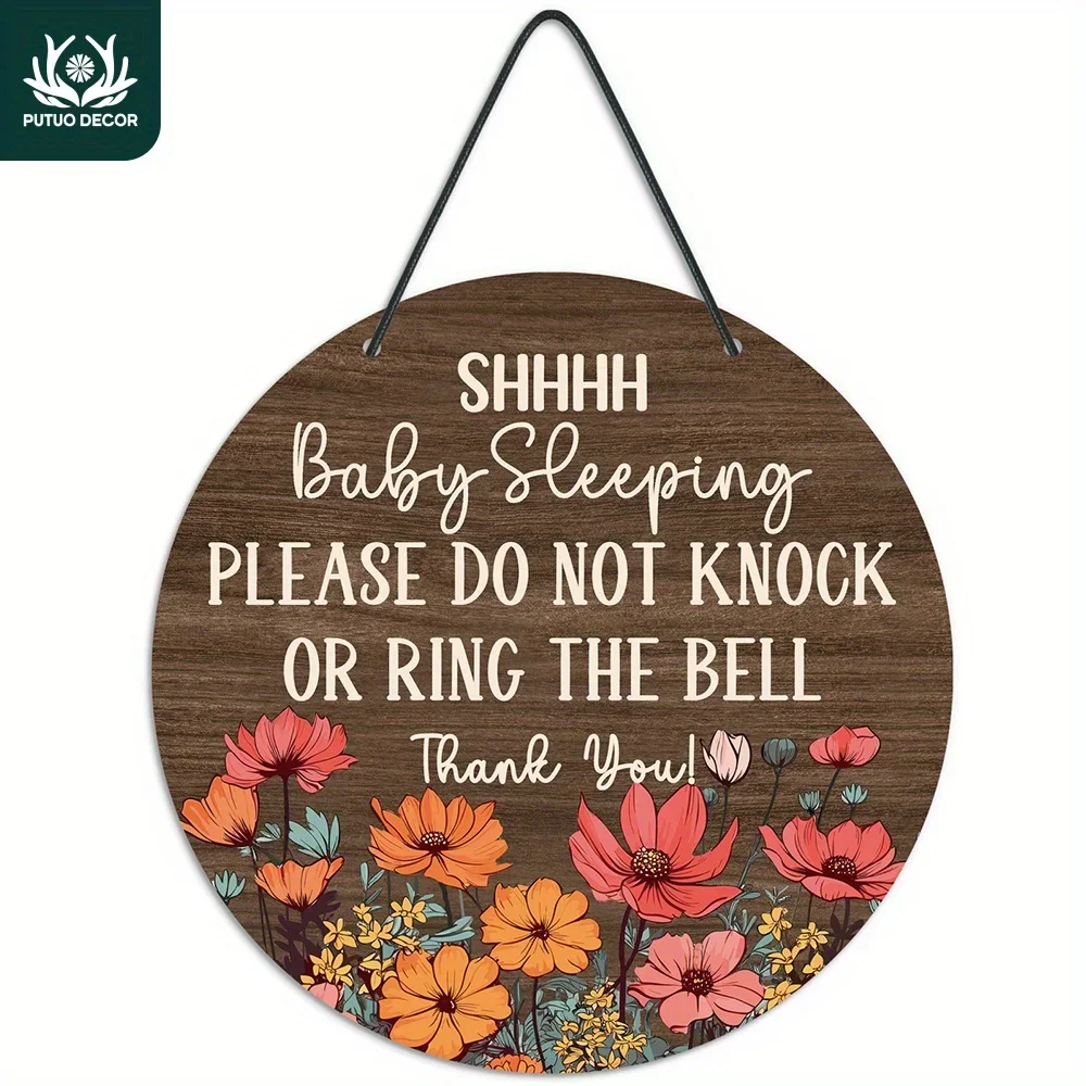 Putuo Decor Round Single Sided PVC Sign, Shhhh Baby Sleeping Please Do Not Knock or Ring the Bell Thank You, Plaque for Home
