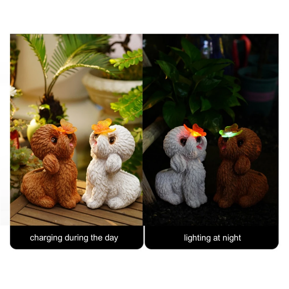 Luz Solar de jardín para perro de peluche, estatuas para exteriores, perros con mariposa, lindos adornos para cachorros, adorno para Patio, decoración al aire libre, regalo