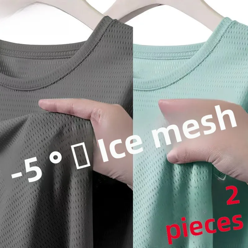 Cseta de seda de hielo para hombre, cuello redondo, manga corta, ra, transpirable, de secado rápido, Color sólido, Top...