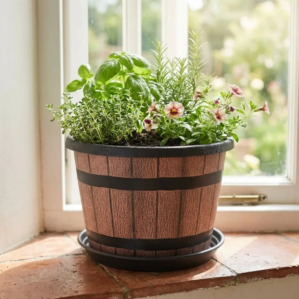 Round Plastic Barrel Flowerpot Thickened Drainage Hole Garden Flower Pot Matching Saucer Large Capacity Flower Bucket