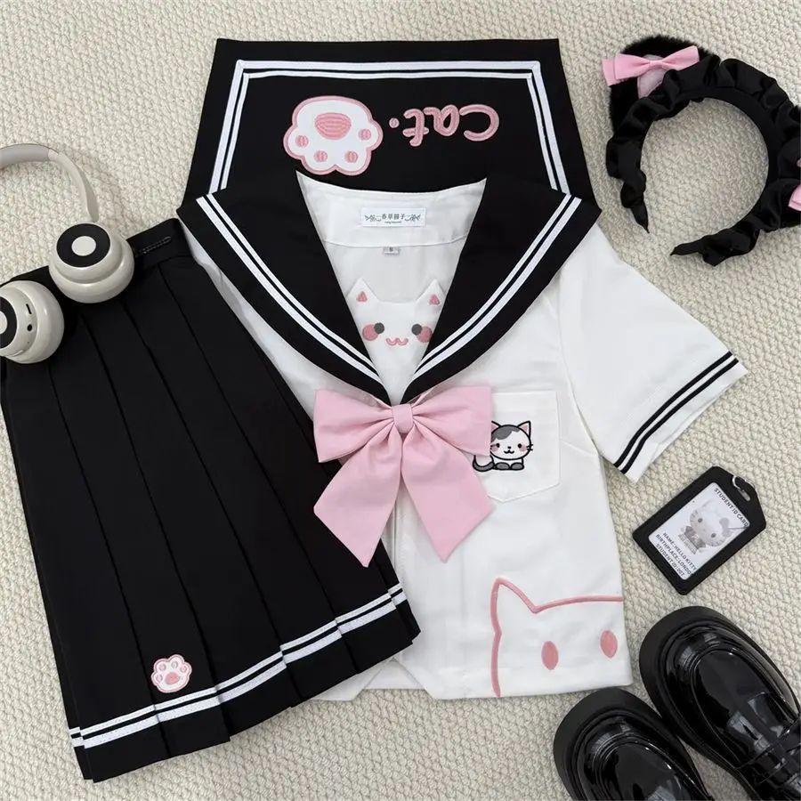 Set di abiti da marinaio carino giapponese e coreano, autentico uniforme da studente, stile college, modello gatto femminile, colore bianco e nero opzionale