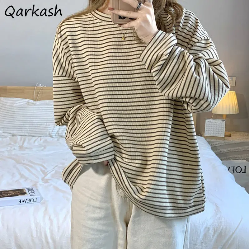 Loose Hoodies Sweatshirts Women All-match Striped Simple Vintage Slouchy O-neck Age-reducing Long Sleeve Female Chic Students