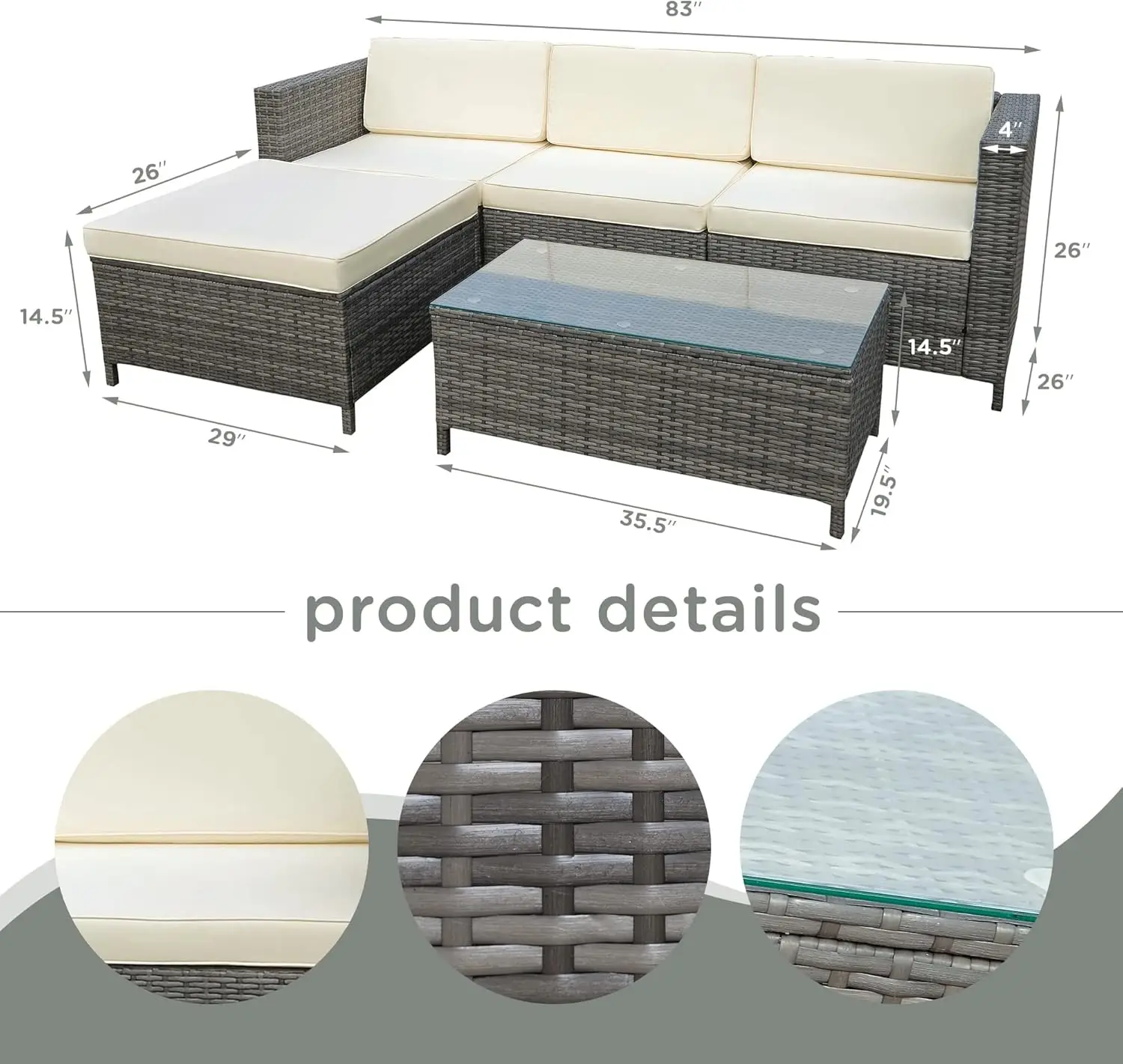 5PCS Patio Furniture Set All Weather Sectional Sofa Manual Weaving Wicker Rattan Outdoor Conversation Set w/Cushion &Glass Table