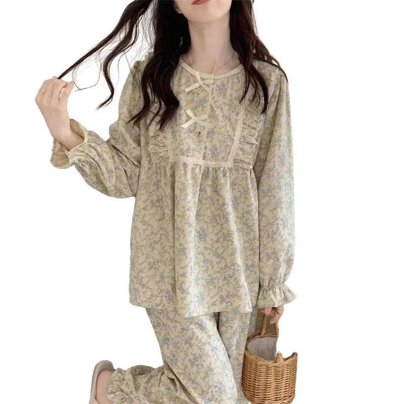 Vintage Dames Pyjama Set Voor Thuis Gebloemde Kanten Nachtkleding Met Lange Mouwen, Pak 2 Stuks Herfst Ruche Korean-Hals Nachtkleding
