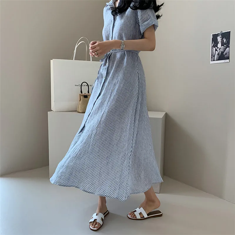 Striped Shirt Dress Women Summer Mid-Length Loose Korean Style Belted Waist Slimming Short Sleeve Cotton Linen Skirt