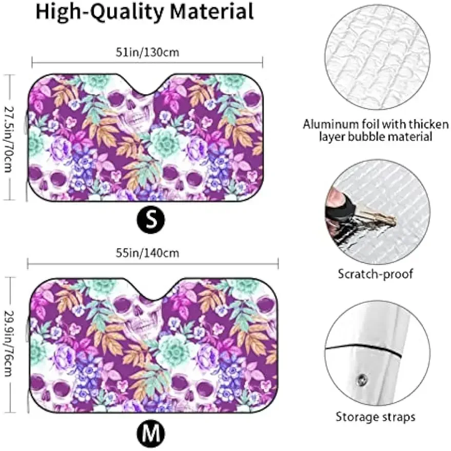 Vintage calaveras flores púrpura parabrisas de coche parasol Protector de visera ventana delantera parasol cubierta para la mayoría de los coches SUV camiones