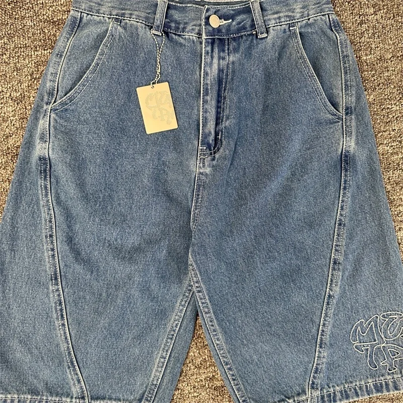 

Винтажные джинсы Mertra оверсайз 2025 года для мужчин и женщин, 1:1, лучшее качество, синие потертые джинсовые шорты с вышитым логотипом