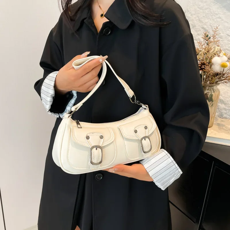 

Baguette Bag PU Leather Y2K Vintage Women Two-Pocket Top Handle Shoulder Bag Solid Color