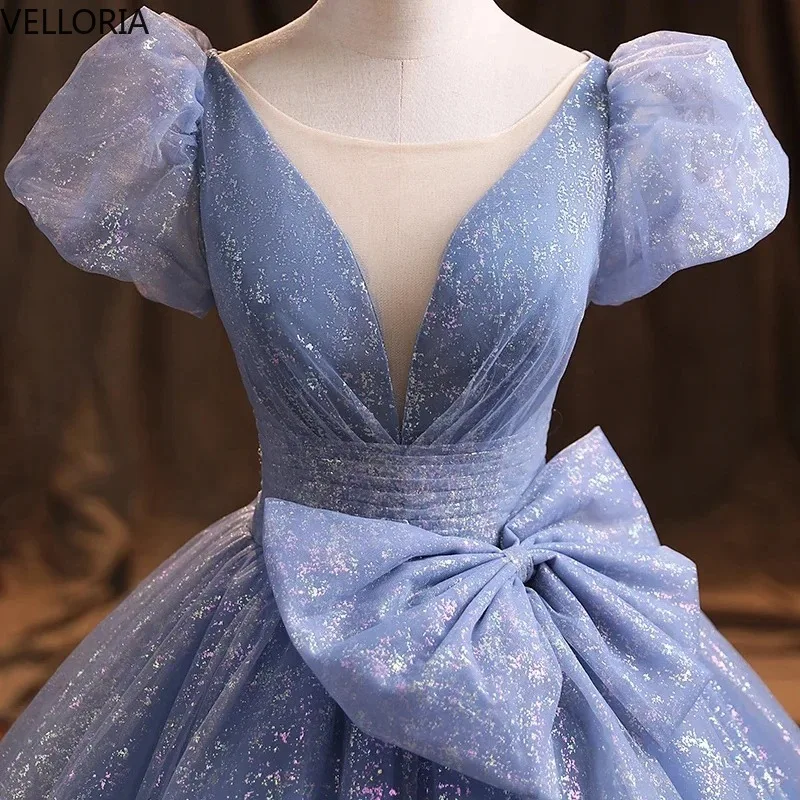 Vestido De fiesta De lujo con purpurina azul, manga abombada, cuello en V, vestido De noche Formal, vestidos De Fiesta De graduación para mujer, vestidos De Fiesta personalizados