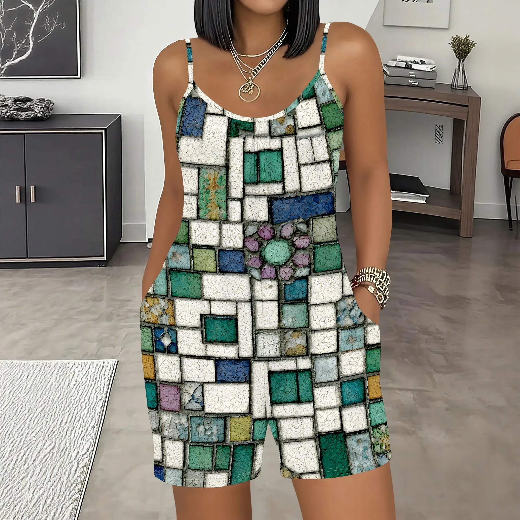 Geometric Print Romper, Mosaic Pattern Jumpsuit, Green Blue Block Design, Casual Summer Outfit, Pockets, S-2XL