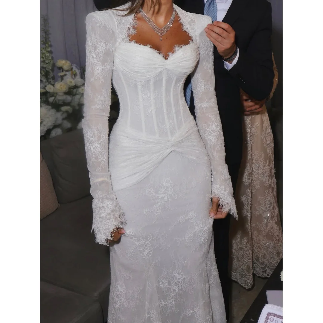 White Women's Evening Dress for Elegant Party Dresses Long Sleeves Mermaid Customized Formal Dresses Woman Embroidered Lace Prom
