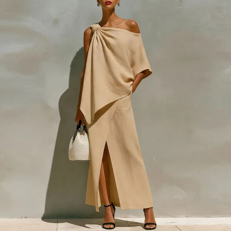 Women's Elegant Solid Two Piece Outfit One Shoulder Top + High Waist Slit Long Skirt Suits Summer Asymmetrical Hollow Party Sets