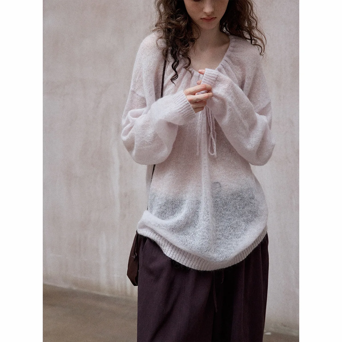 

HelloSeptember2025 Осенний новый женский вязаный свитер Sle со шнурком Lazy Overhead Long Sve средней длины из смеси шерсти