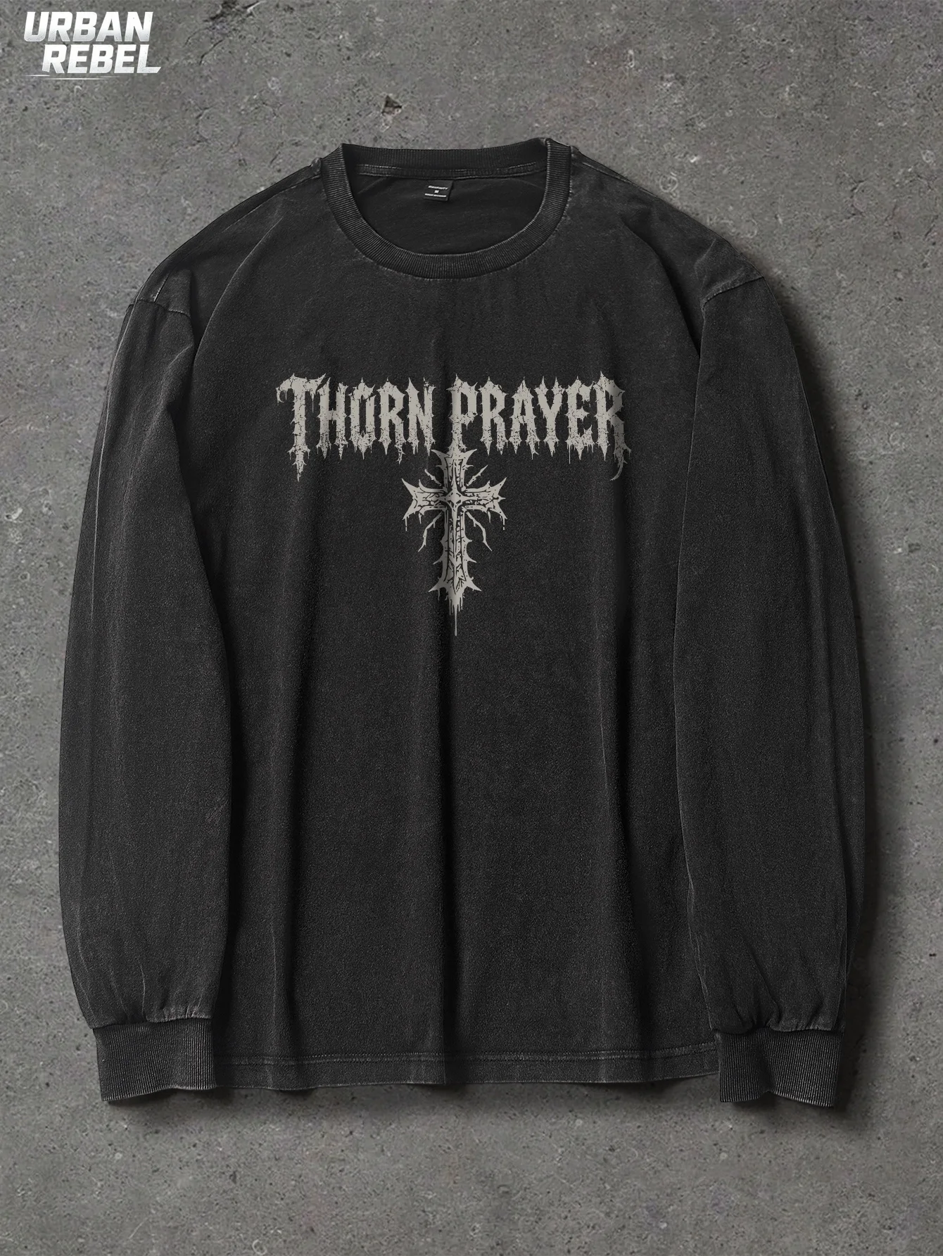 Men's Washed Long Sleeve T Shirt Gothic Cross Graphic Vintage Oversized Streetwear Casual Crew Neck Distressed Punk Grunge Tops