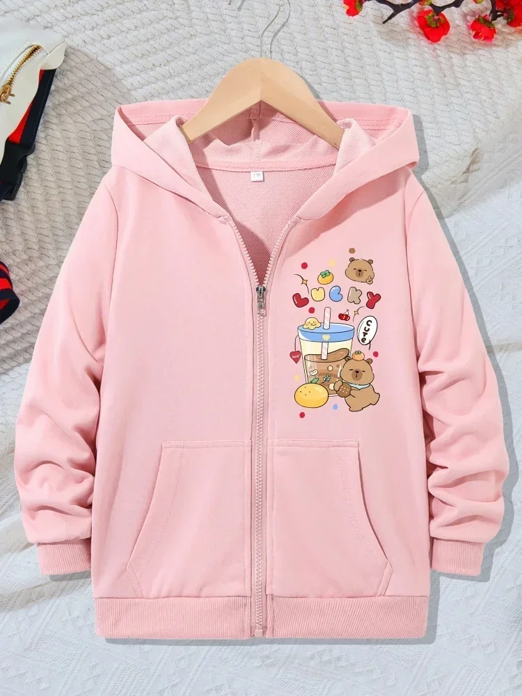 Kids Zip Up Hooded Jacket Cute Capybara Bubble Tea Lucky Heart Fruit Cartoon Print Long Sleeve Pocket Casual Outer Coat