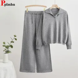 Elegant Women Knitted 2 Piece Sets Korean Lapel Long Sleeve Sweater Pullover Tops Setleri Casual High Waist Sweatpants Outfit