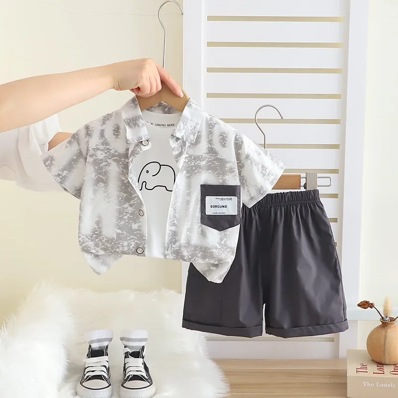 Baby Boy 3PCS Casual Outfit Tie-Dye Print Short Sleeve Shirt with Elephant Graphic Tee & Solid Shorts Set for Kids Daily Play