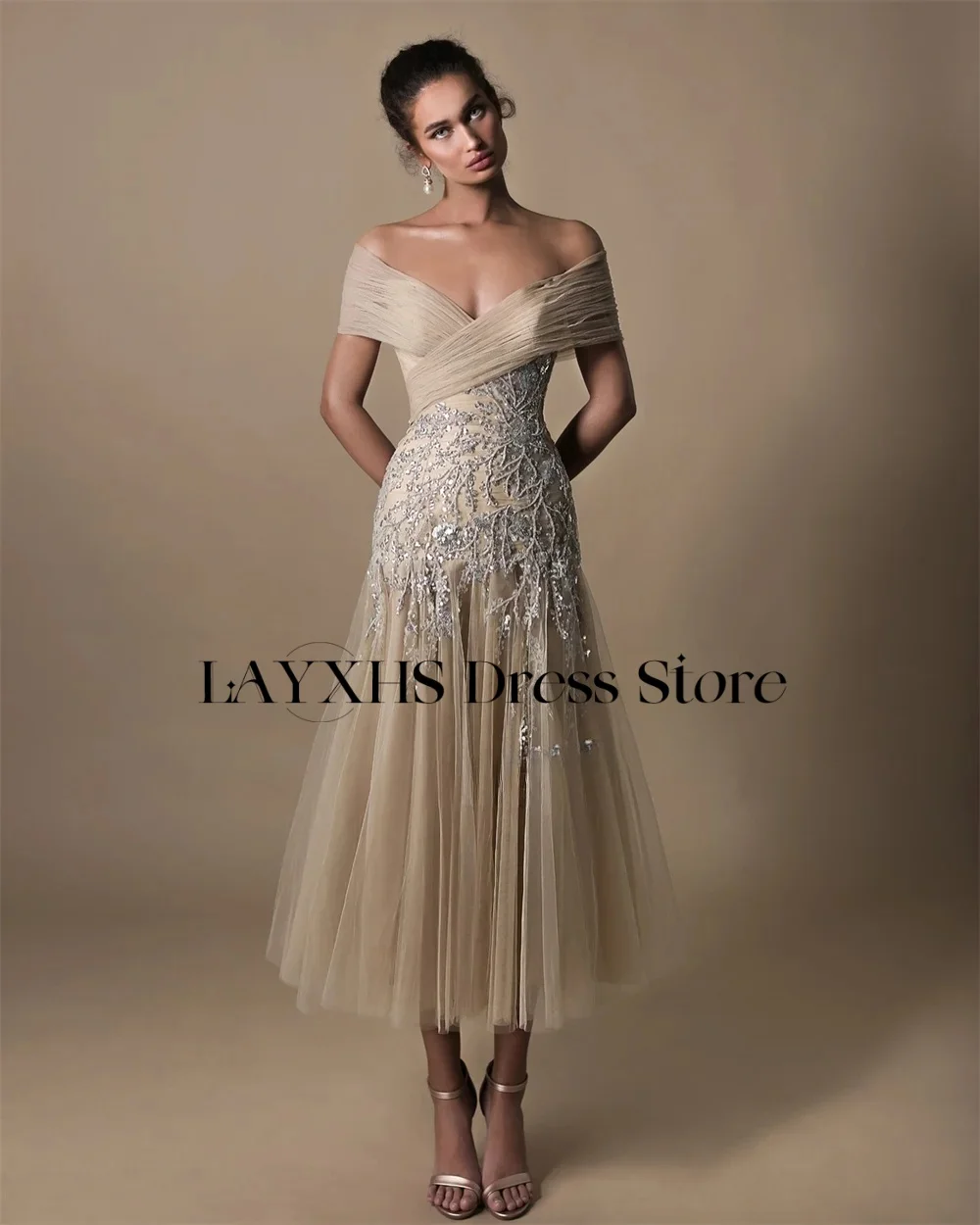 Layxhs requintado fora do ombro vestidos de noite a linha lantejoulas apliques tule chá-comprimento vestidos de baile personalizado