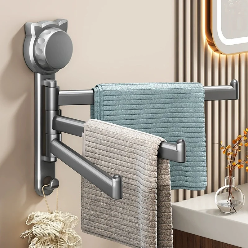 Swivel Towel Bar - Strong Suction Cup, 3-Arm, Folding Bathroom & Kitchen Towel Rack, Wall-Mounted, Nail-Free Installation