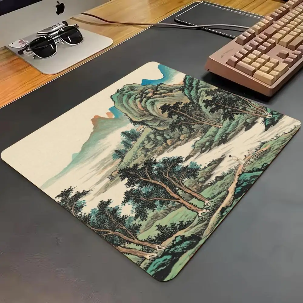 Chinese Traditional Green Ink Pine Mountain Landscape Small Mouse Pad Speed Mousepad Gamer Premium E-Sports Mat For Laptop