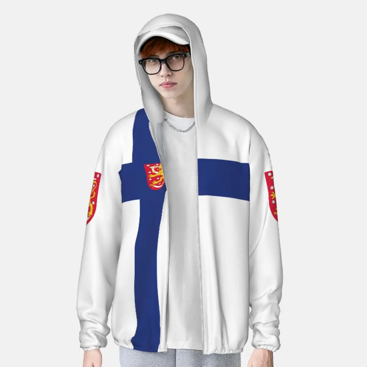 Finland Vlag Polyester Hoodie Zonnebrandcrème Zonbescherming Vissen Hardloopkleding Sneldrogend Prestaties Lange mouw met ritssluiting