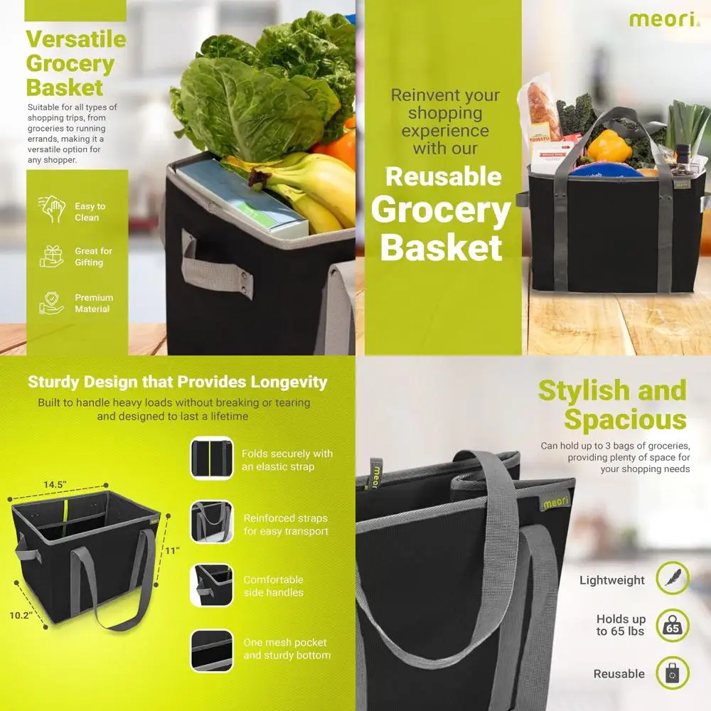 

Collapsible Grocery Basket - Reusable Tote for Shopping, Picnics, and Errands in Lava Black