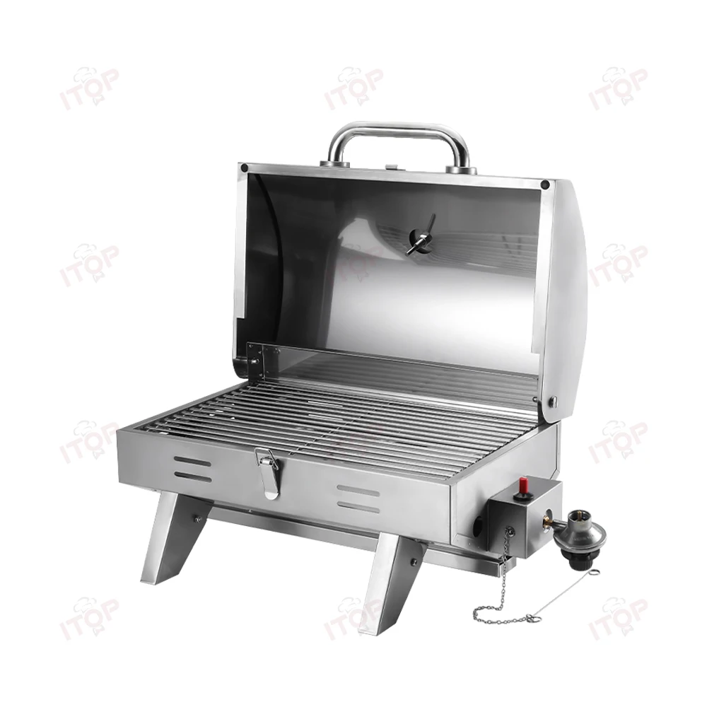 Stainless Steel Portable Gas Grills With Folding Legs And Lid For Outdoor Kitchen Accessories Cooking Tools