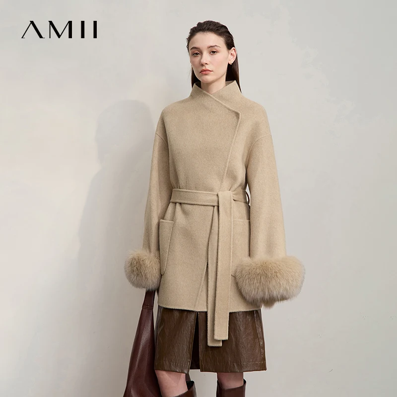 

Amii женское пальто 2025, зимнее новое элегантное универсальное свободное шерстяное пальто для женщин, асимметричное пальто с длинными рукавами, женское 12544041