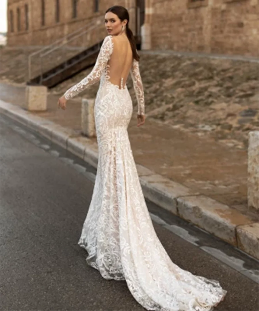 Exquisite Lace Long Sleeve Wedding Dress for Women Sheath Illusion V-Neck Bridal Floor Length Backless Dresses Court Train 2023