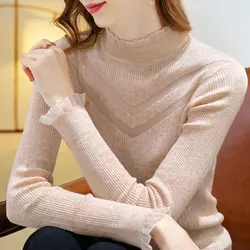 Women's Spring Autumn New Fashion Solid Color Half High Neck Lace Hollow Splice Versatile Long Sleeve Slim Fit Knitted Tops