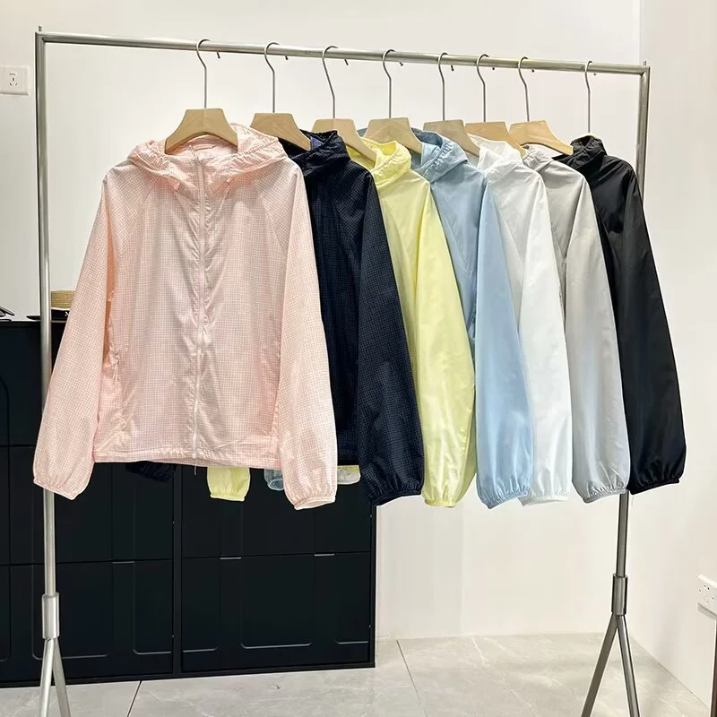 女性のポータブル UV 保護フード付き Jaet/チェック柄防水軽量日焼け止め服ファイオナブルな夏のアウターウェア