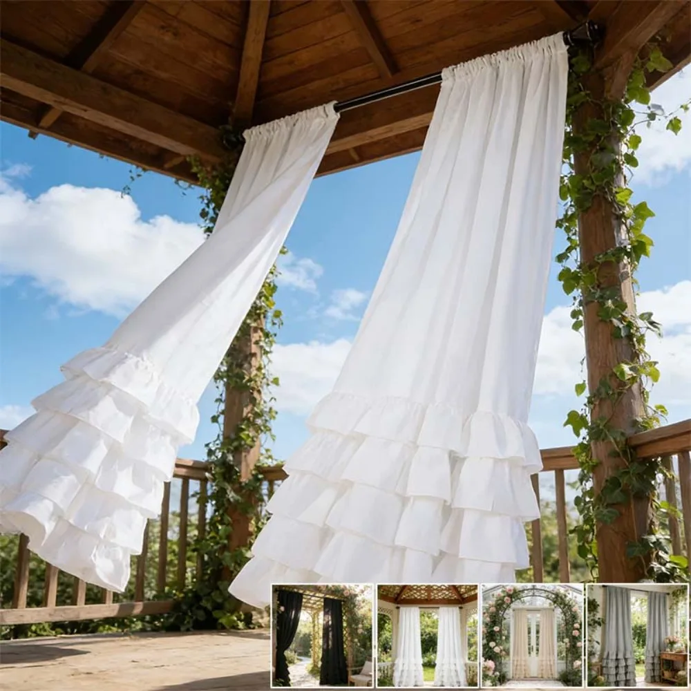 

2pcs Romantic Pastoral Multi-Layer Ruffled Half-Blackout Outdoor Curtains,with Top Rod Pocket,Suitable ForDoor Curtains,Bedrooms