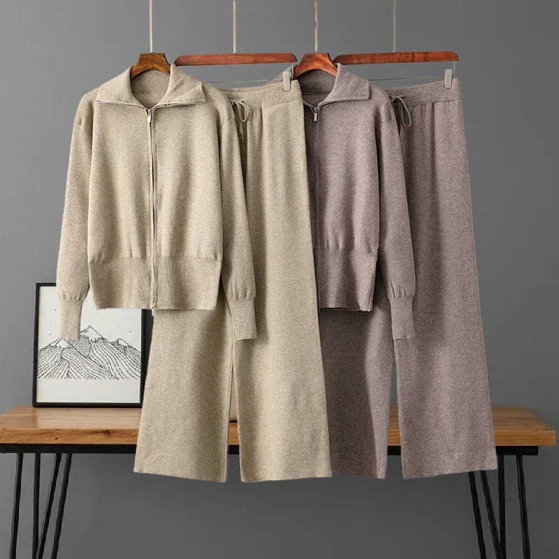 

Zipper Cardigan Sweater Suit Female Knitted Long Sleeve Causal Coat Wide-legged Trousers Sweater Women's Two Piece Set