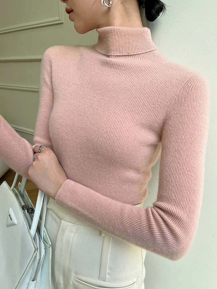 No-seam 100% Cashmere Women Turtleneck Ribbed Pullover Unibody Pure Cashmere Yarn Soft Autumn Winter Basic Sweater Slim Jumpers