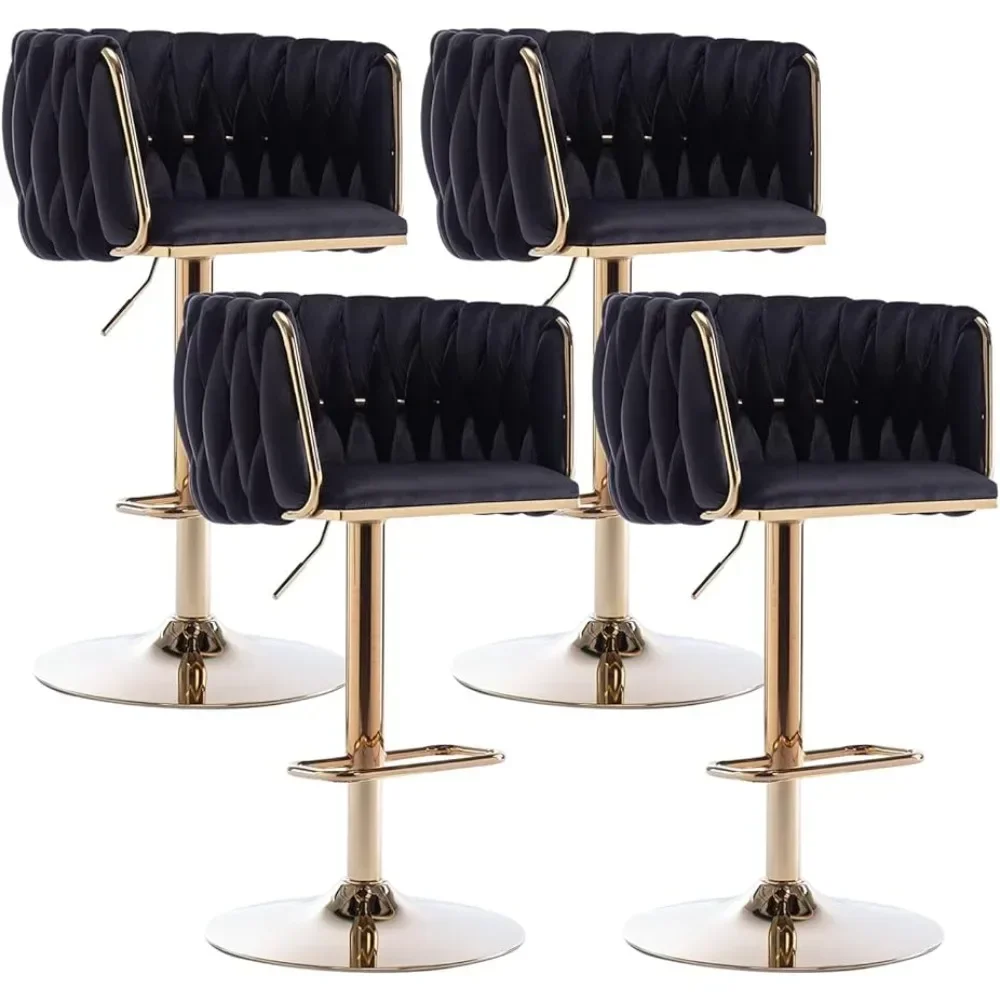 Bar Stools Set of 4, Adjustable Counter Height Bars Chairs with Woven Back & Footrest, Luxury Gold Barstools, Bar Chair,Black