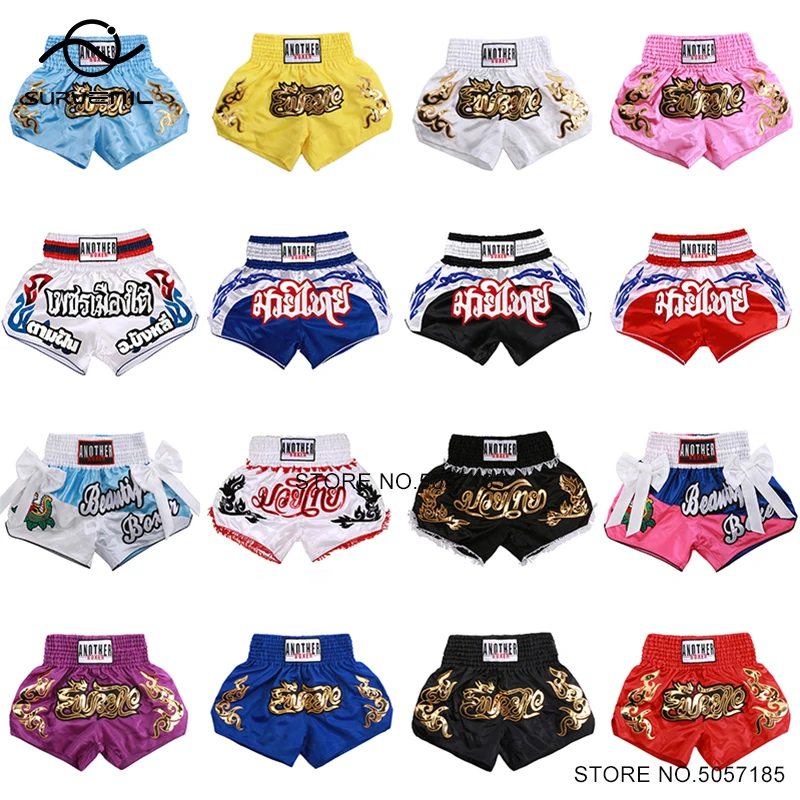 Muay Thai Shorts Embroidery Boxing Shorts Child Men Women Satin Polyester Free Sparring Cage Fighting Grappling Kickboxing Pants