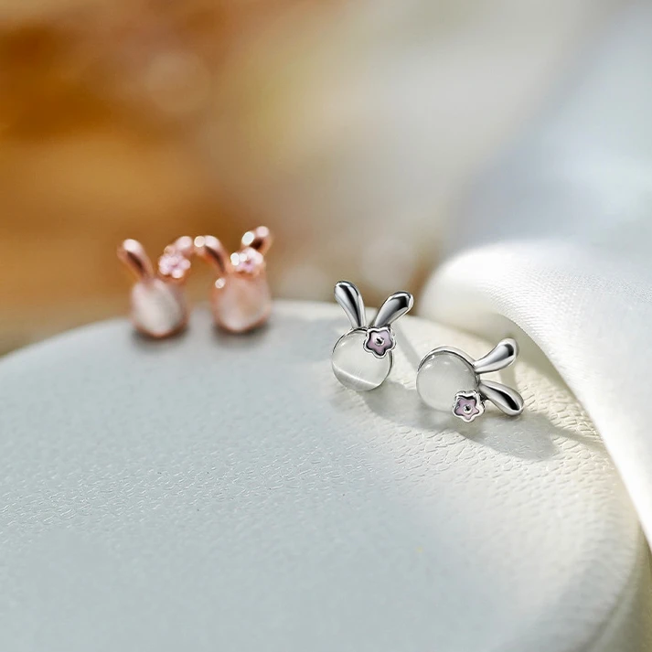 VIVILADY 925 Silver Cute Cat's Eye Rabbit Small Flower Stud Earrings for Fashion Women Fine Jewelry Minimalist Accessories