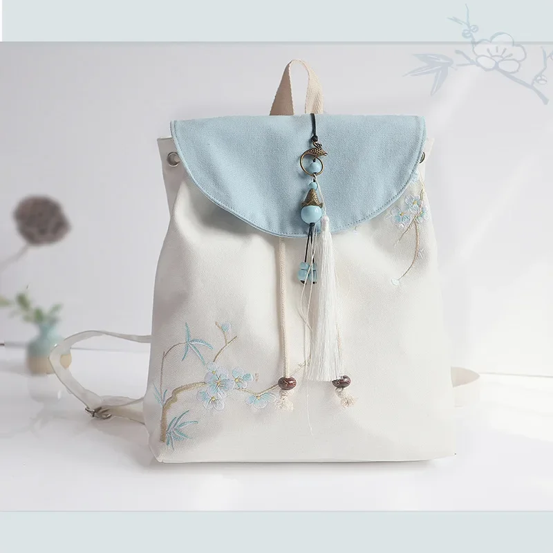 Women's Canvas Embroidered Flower Backpack With Tassel Casual Bundle Mouth Bag