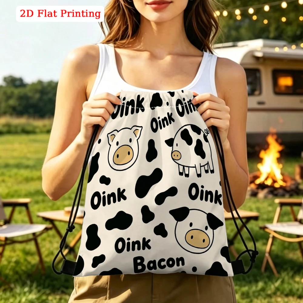 Cute Cartoon Style, Drawstring Backpack, Funny Cow Print Oink Bacon Pattern, Gym Sports Bag, Outdoor Travel Drawstring Pack