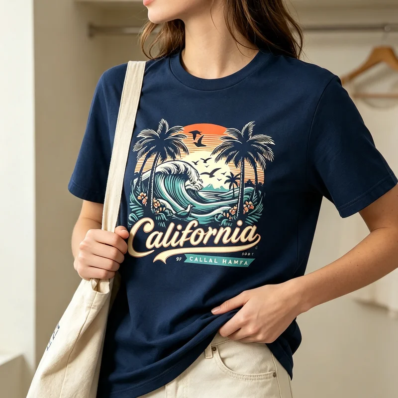 California Beach Vintage T-Shirt Palm Tree Sunset Surf Tee Casual Summer Streetwear for Men Women Retro Coastal Top