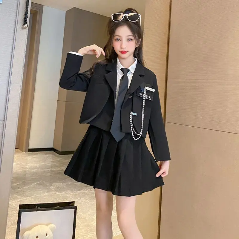 Junior Girl School Uniform Set Unique Formal Chain Smart Jackets and Pleated Skirt 2Pcs School Kids Child Uniform Blazer Suit
