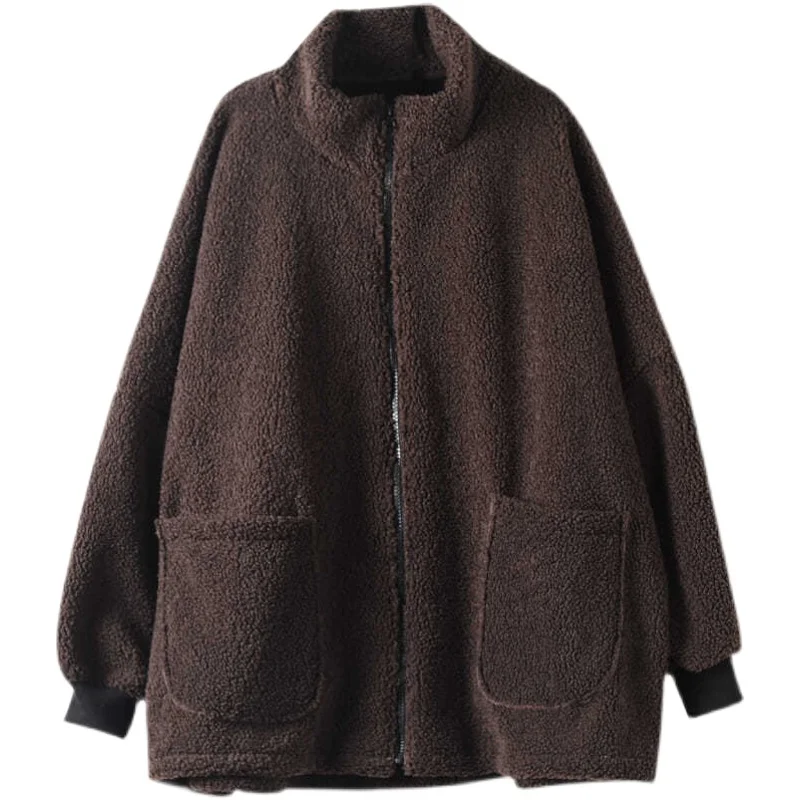 ملابس شتوية من Thiened Lamb Velvet Jaet بياقة واقفة للنساء معطف طويل ذو علامة تجارية فنية وسحاب وطول عادي #5