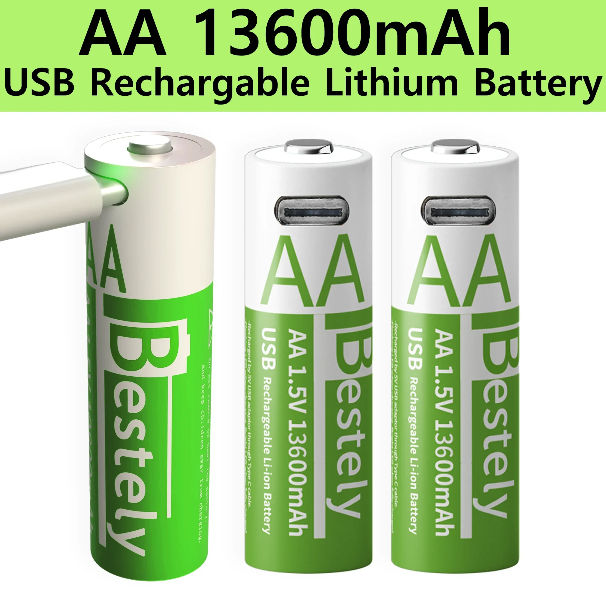 Bestely AA Rechargeable Lithium Battery 1.5V 13600mAh Fast Charging Long Lasting Li-ion Batteries 2000 Cycle with USB- C Cables